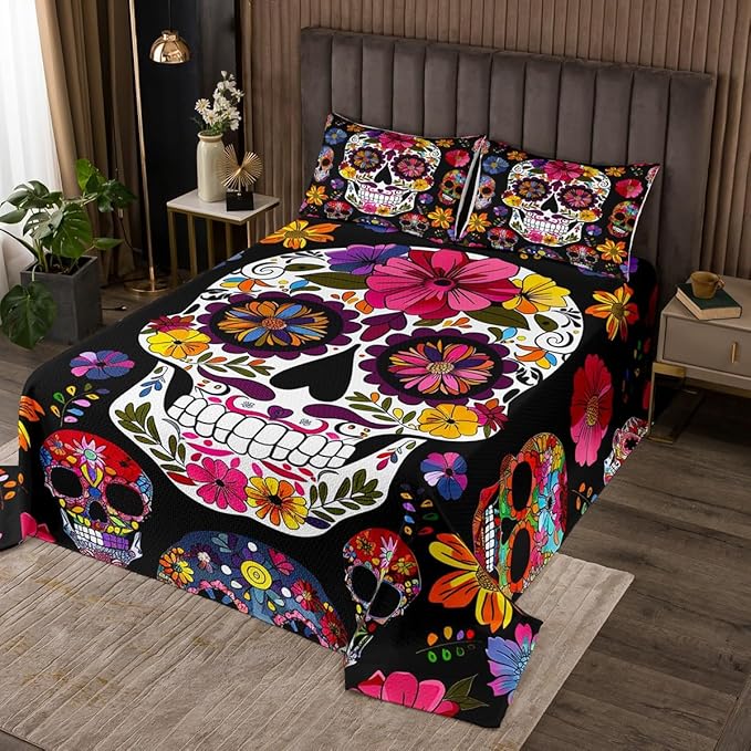 Erosebridal Floral Skull Bedspread Gothic Sugar Skull Bedding Set Paisley Bohemian Coverlet Set for Kids Boys Girls Ethnic Skeleton Bones Blossoms Quilt with 2 Pillow Cases King Size Colorful - sugar skull bedding set