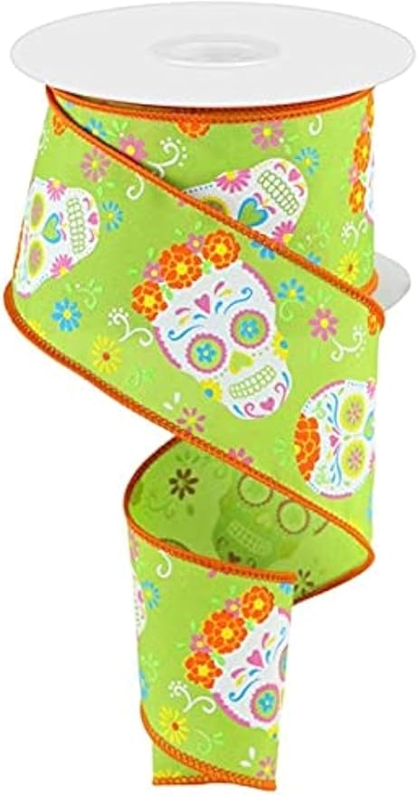 Day of The Dead Sugar Skulls Wired Edge Ribbon, 10 Yards (Lime, 2.5 Inch) - sugar skull wreath for front door