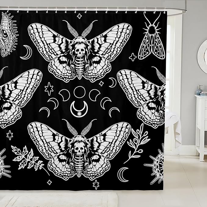 Manfei Gothic Skull Shower Curtain Death Moth and Flower Print Bath Curtain for Kids Moon and Star Decor Waterproof Bathroom Curtain with 12 Hooks Suits for Bathtub, 72" W x 72" L - sugar skull shower curtain set