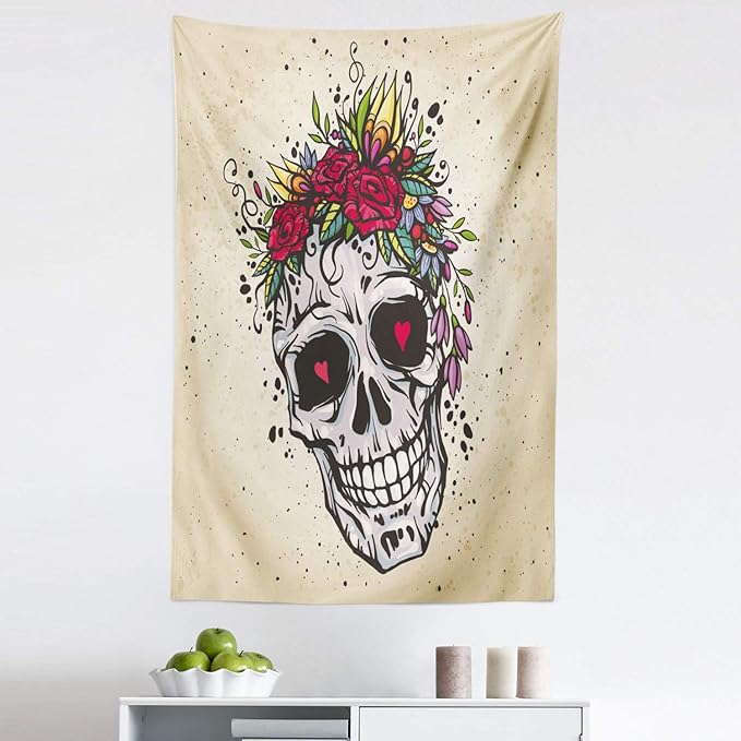 Ambesonne Sugar Skull Tapestry, Human Skull with Wreath of Roses and Wild Flowers Hearts in Boho Form Design, Fabric Wall Hanging Decor for Bedroom Living Room Dorm, 30" X 45", Multicolor - sugar skull wreath for front door