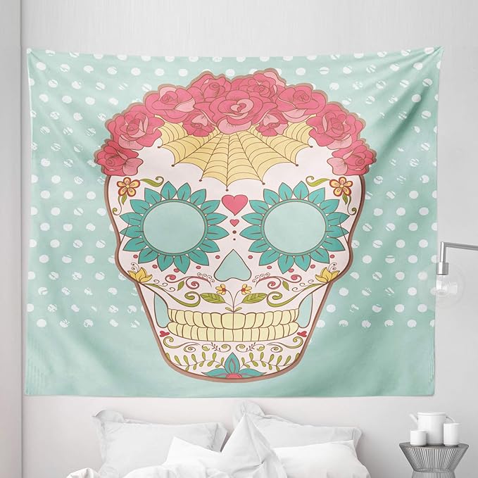Ambesonne Sugar Skull Tapestry King Size, Image of Lady Skeleton Head Ornamented with Floral Wreath and Cultural Motifs, Wall Hanging Bedspread Bed Cover Wall Decor, 104" X 88", Multicolor - sugar skull wreath for front door