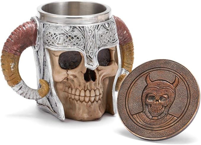 Stainless Steel Viking Skull Mug+Coaster,Double Handle Horn Skull Beer Mug Tankard, Medieval Drinkware Mug for Coffee/Beverage/Juice17oz. - sugar skull coffee cup
