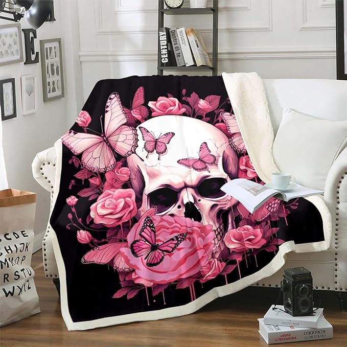 Sugar Skull Blanket Throw Pink Butterfly Sherpa Blanket Rose Floral Gothic Skull Fleece Blanket Flower Skeleton Bones Moth Animals Fuzzy Blanket Sofa Decor Queen 90"x90" Soft Bedroom Decor - sugar skull throw blanket