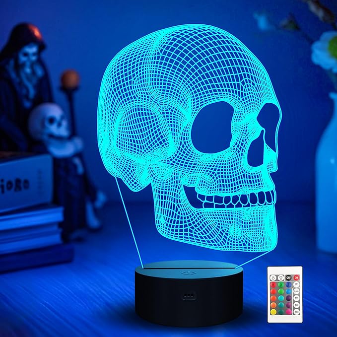 Ammonite Skull Night Light for Kids, 3D Illusion Lamp LED Desk Table Lamp 16 Colors Change with Remote Control and Timing Function, Best Christmas Halloween Birthday Gift for Child Boys - sugar skull table lamp