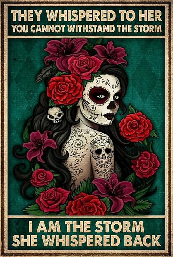 Metal Tin Retro Sign-and She Lived Happily Ever After Metal Poster, Wicked Witch Halloween Art, Sugar Skull Metal Poster, Day of The Dead,Vintage Aluminum Sign for Home Coffee Wall Decor 8x12 Inch… - sugar skull poster print