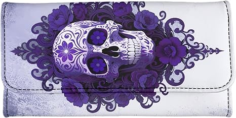 Gothic Sugar Skull Women's Wallets Large Capacity RFID Protection Waterproof Leather Long Clutch Phone Holder Zip Inner Pocket Multi-Cards Slots Travel Wallet TriFold Purses Purple Silver - sugar skull wallets for women