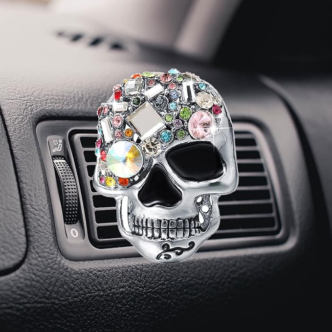 HungMieh Bling Car Accessories for Women, Car Freshener Vent Clip with 2 Refill Pads, Sugar Skull Car Accessories/Décor Embellished with Rhinestones of 10 Colors, Silver - sugar skull car floor mats