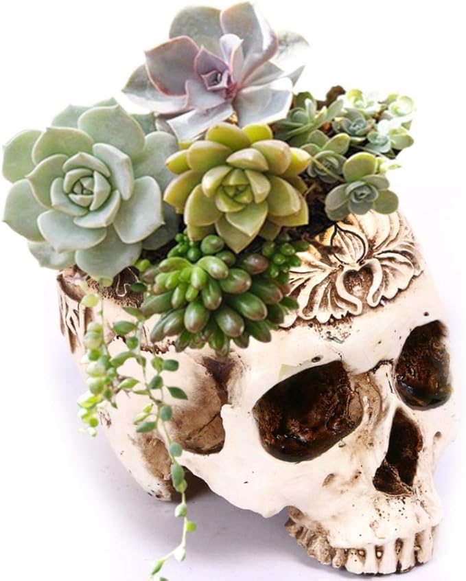 Simcat Resin Skull Planter Flower Succulents Pot Carved Skeleton Flowerpot Sugar Cactus Planter Pots Holder Candy Bowl Halloween Statue Sculpture Skeleton Decor for Home Office - sugar skull table lamp
