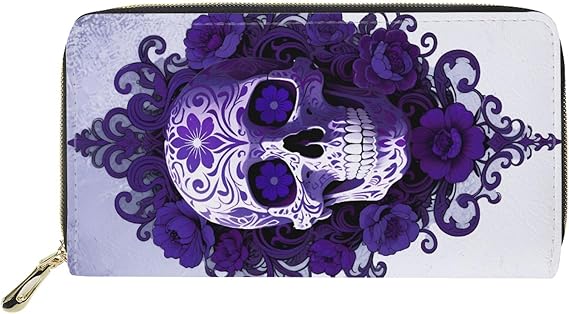 Long Wallet for Women Slim Purse PU Leather Clutch Zip Around Cards Phone Holder - sugar skull wallets for women