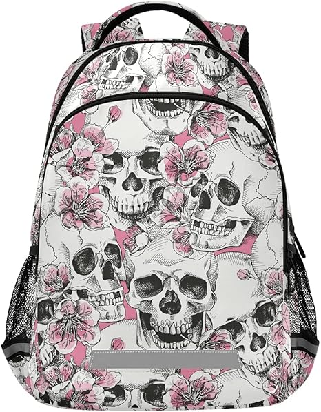 School Backpack with Chest Strap, Halloween Skull Flowers And Pink Cherries Laptop Backpack, Travel Hiking Backpack for Boys Girls, Rucksack, Knapsack - best sugar skull backpack