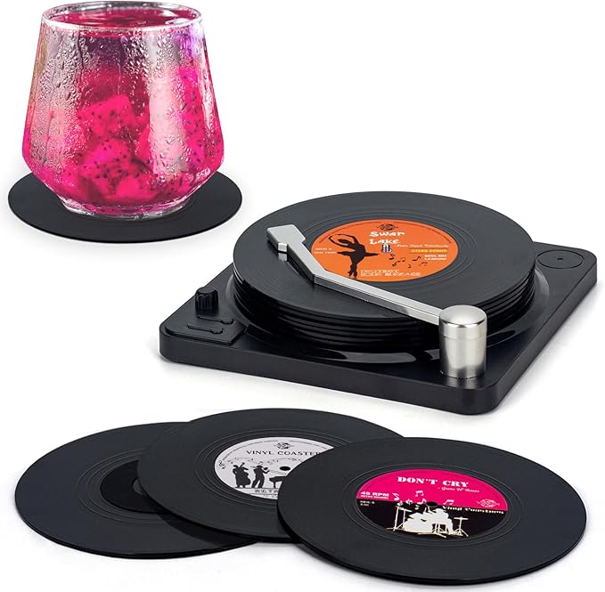 Valdivia Funny Retro Vinyl Record Coasters with Player, 6 Pcs Music Coasters for Drinks, Bars, Party, Birthday Gifts for Music Lovers, Home Decor Housewarming and White Elephant Gifts Ideas - sugar skull coasters set