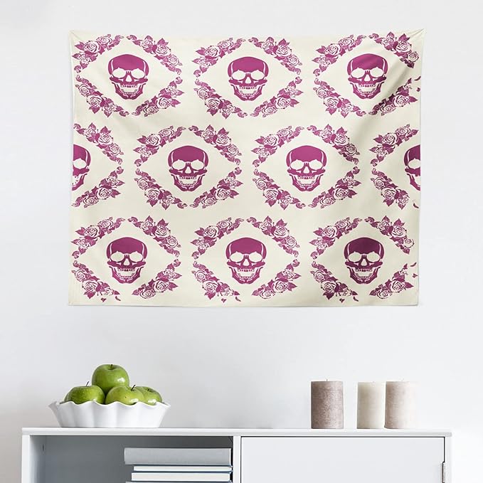 Ambesonne Sugar Skull Tapestry, Monochrome Style Calavera Inspired Surround by Circular Floral Wreath Print, Fabric Wall Hanging Decor for Bedroom Living Room Dorm, 28" X 23", Fuchsia Cream - sugar skull wreath for front door