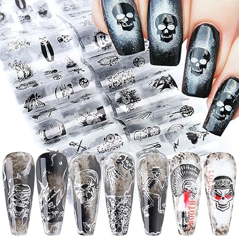 Punk Skull Nail Foil Transfer Stickers Decals Nail Art Foils Skeleton Skull Pirate Holographic Nail Art Film Design for Women Girls Manicure Tips Unique Decoration Acrylic Nails Decor (10 Sheets) - sugar skull nail art