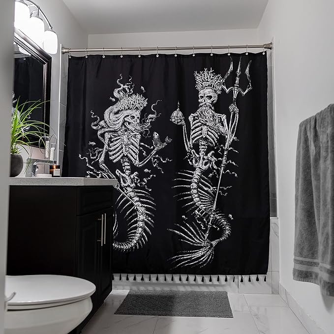 Flash Flood Skeleton Mermaid Black Shower Curtain for Skull and Gothic Bathroom Decor - Water Resistant - sugar skull shower curtain set