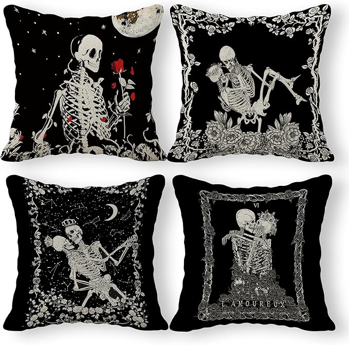 Skull The Kissing Lovers Art Linen Throw Pillow Case, 18 x 18 Inch Set of 4, Gift for Wife, Girlfriend, Gift for Couples, for Tarot Lovers, Skull Lovers, Wedding, Cushion Cover for Sofa Couch Bed - sugar skull throw pillow