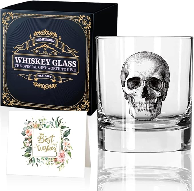 AGMDESIGN Skeleton Skull Whiskey Glass, Halloween Whiskey Glass, Fathers Day Gift for Men, Husband, Dad, Brother, Best Friend - sugar skull wine glass