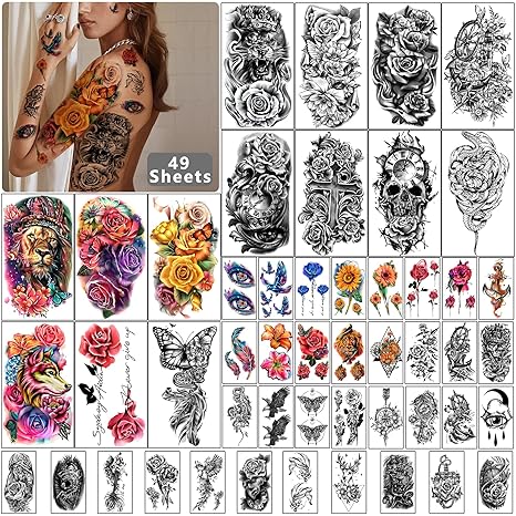 Yazhiji 49 sheets Large Flowers Skull Waterproof Temporary Tattoos for Women and Girls, Realistic Tiger Wolf Bird Temporary Fake Tattoo for Kids or Adults - sugar skull temporary tattoo
