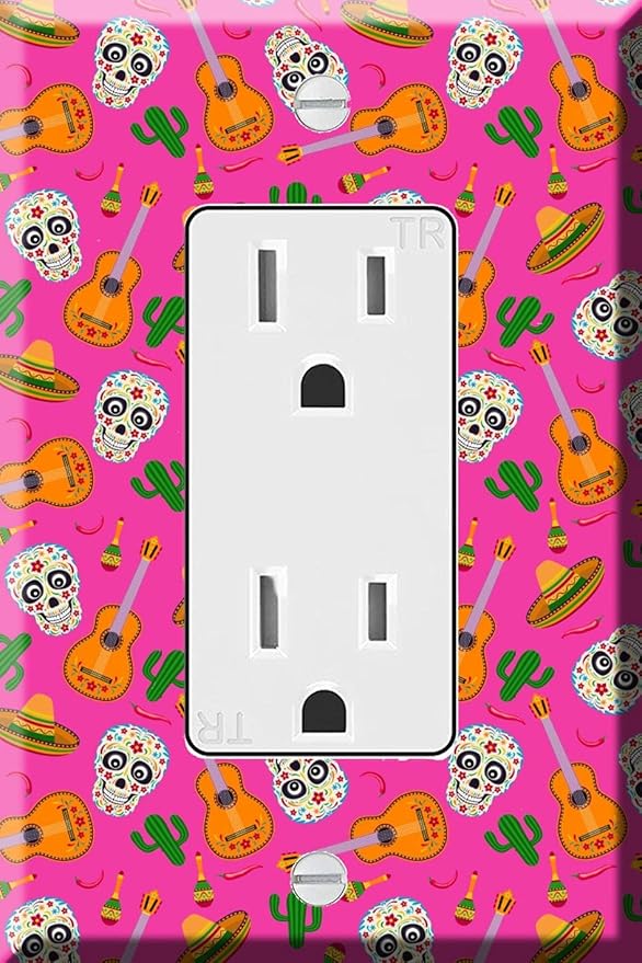1-Gang Decorator GFCI Outlet Wallplate - Mexican Sugar Skull, Guitar, Maracas and Cactus - sugar skull plates set