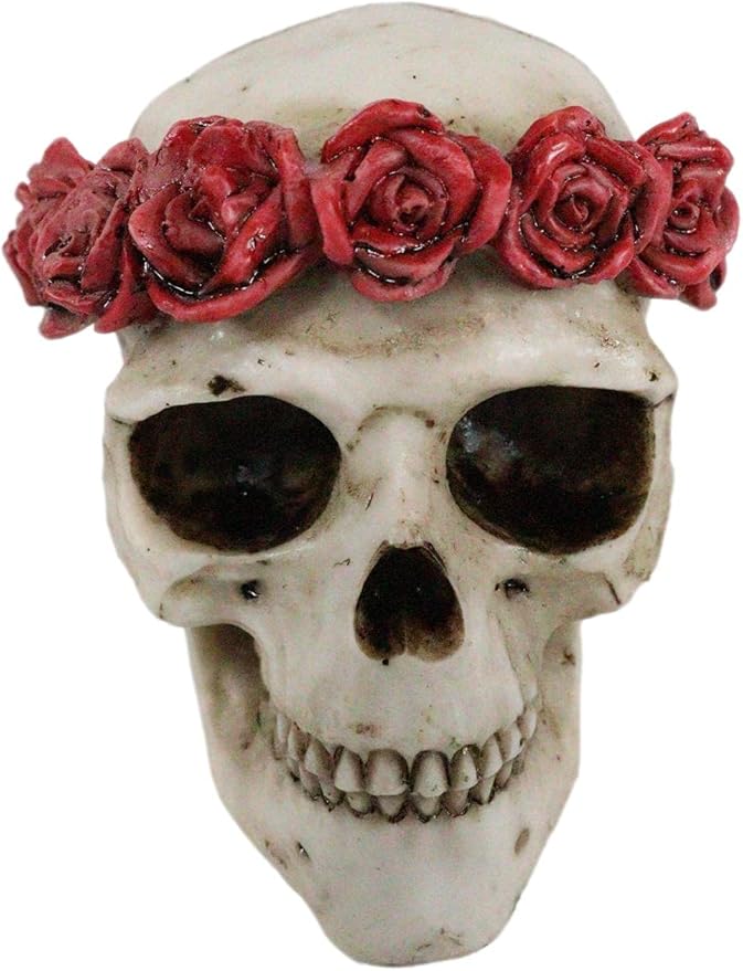 Ebros Gift Day of The Dead Red Rose Laurel Flower Wreath Crown Sugar Skull Figurine Decor 4.5" L Halloween Ossuary Macabre Collection Skulls and Skeletons - sugar skull figurine collectible