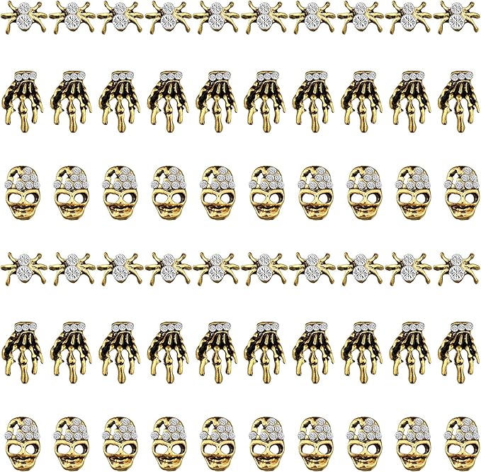 60 Pieces Halloween Nail Charms Skull Spider Nail Charms Skull 3D Spider with Rhinestones Halloween Jewelry Vintage Alloy Skeleton Hand Accessories for Women(Antique Gold) - sugar skull nail art