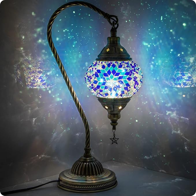 Yarra-Decor Turkish Moroccan Lamp with Bronze Base 3 Color Options Handmade Swan Neck Tiffany Mosaic Glass Bedside Lamps for Bedroom (LED Bulb Included) - sugar skull table lamp