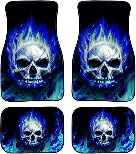 Biyejit Blue Fire Skull Car Floor Mats Set of 4 for Front Rear Seats, Heavy Duty Rubber Backing Universal Fit,SUV Interior Accessories - sugar skull car floor mats