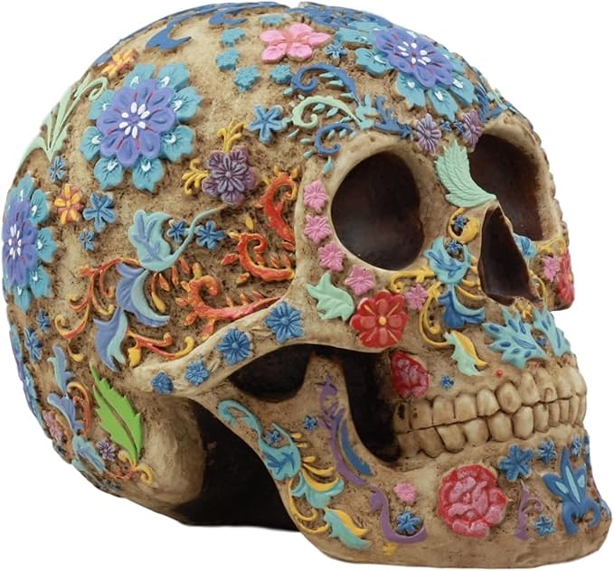 Ebros Colorful Pastel Hues Day of The Dead Floral Blooms Sugar Skull Figurine Dias De Los Muertos Flora and Fauna Flower Skeleton Head Cranium Sculpture - sugar skull figurine collectible