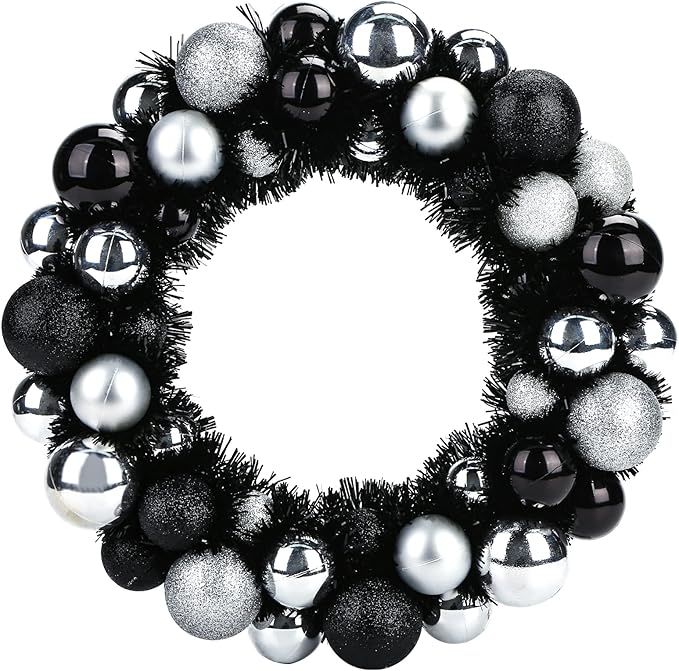HAKACC Black Christmas Decorations Ball Wreath, 13 Inch Black and Silver Ornament Wreath for Front Door Window Wall Outdoor Party Decor, Gothic Holiday Decor - sugar skull wreath for front door