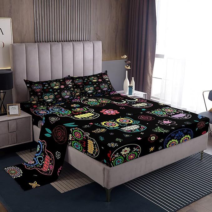 Sugar Skull Bed Sheet Set 4 Piece, Graveyard Mexico Design on Black Backdrop Print, Quality Brushed Microfiber Bedding Set with Flat, Fitted Sheet, 2 Pillow Cases, Full, Black - sugar skull bedding set
