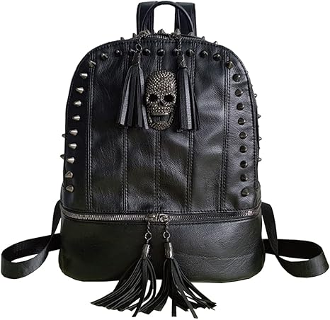 Women Skull Backpack Rivet Studded Fashion Daypack Gothic Purse Tassel Zipper (Slivet Round Rivet) - best sugar skull backpack
