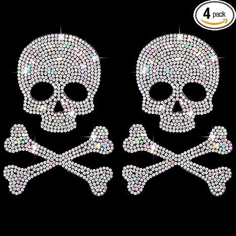 OIIKI 2PCS Skull and Bone Bling Car Decal, Rhinestone Sticker, Crystal Decor, Diamond Sticker for Motorcycle Helmet, Laptop, Tumbler, Luggage, Guitar - sugar skull vinyl sticker