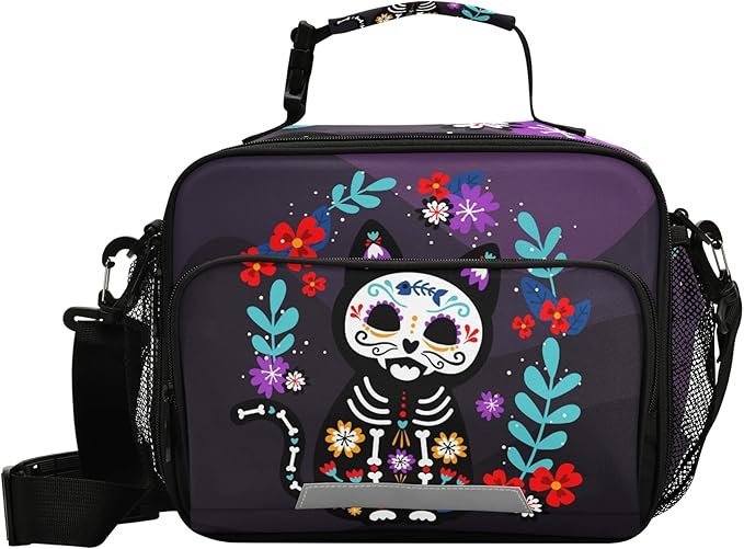 Cat Sugar Skull Lunch Bag Insulated Lunch Box Cooler Cooling Tote Food Container for Adults Men Women - sugar skull plates set