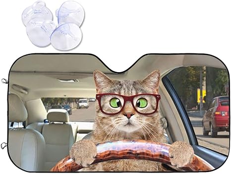 Fun Cute Cat Driving Car Front Windshield Sun Shade,Auto Sunshade for Car Truck SUV - Blocks Uv Rays Sun Visor Protector (51" X 27.5"Inch,Upgrade Hardened) - sugar skull car sunshade for windshield