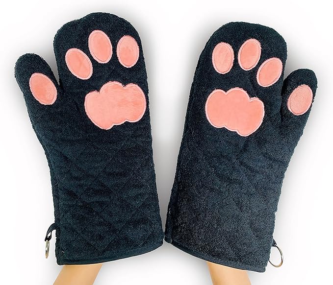 Cricket & Junebug Oven Mitts Cat Paws - Black & Pink - sugar skull oven mitts