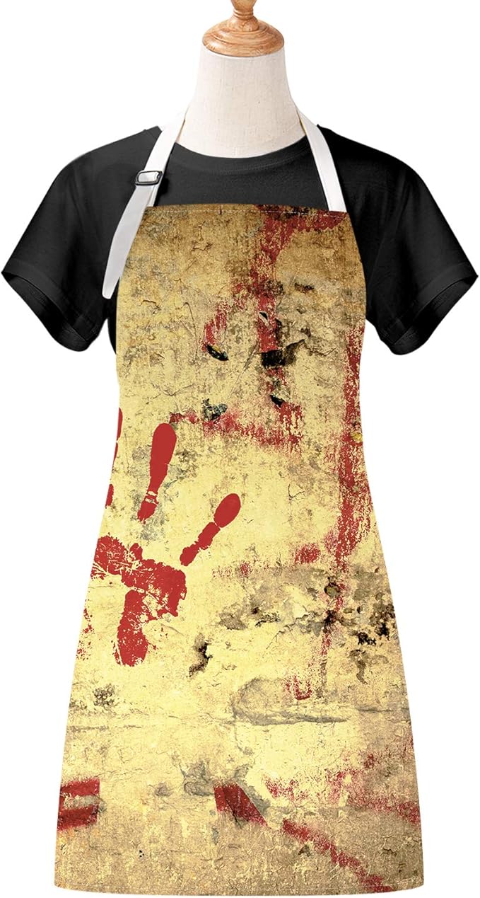 Happy Halloween Horror Apron Cooking Apron, Horror Grunge Dirty Scary Bloody Handprint BBQ Apron, Waterproof Victim Violence Baking Apron with Adjustable Neck Strap, Beige Red, Halloween Party - sugar skull apron for women