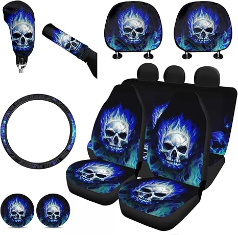 FKELYI Cool Skull Car Seat Covers Set Blue Fire Car Interior Seat Protector,Absorbent Cup Holder Pads,Steering Wheel Cover,Gear Shift Cover,Handbrake Cover,Headrest Covers - sugar skull car seat covers set
