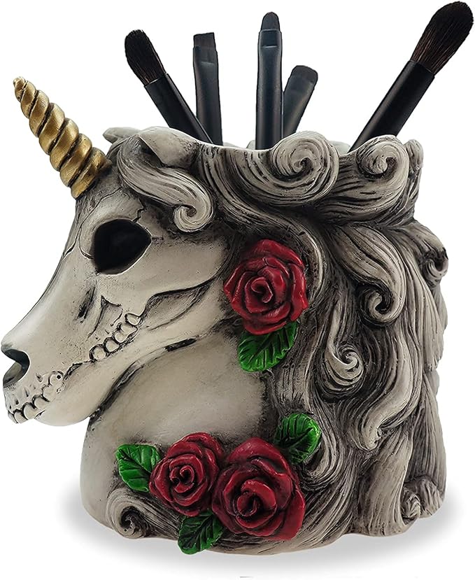 Gothic Unicorn Makeup Brush Holder Skull Gift for Women Adults Pen Organizer Halloween Decor Day Dead Goth Accessory - sugar skull figurine collectible