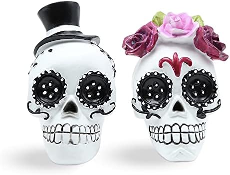 Day of The Dead Skull Couple, Sugar Skull, Halloween Decor, Black and White Figurine Skeleton Set, Rose Wreath and Top Hat - sugar skull christmas ornament