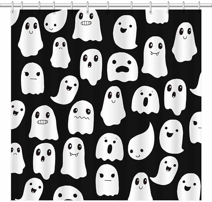 72x72 Inches Halloween Ghost Shower Curtain, Spooky Cute Funny Cartoon Ghosts Icons Black and White Fabric Kids Boy Trick or Treat Bathroom Shower Curtain with 12 Hooks - sugar skull shower curtain set