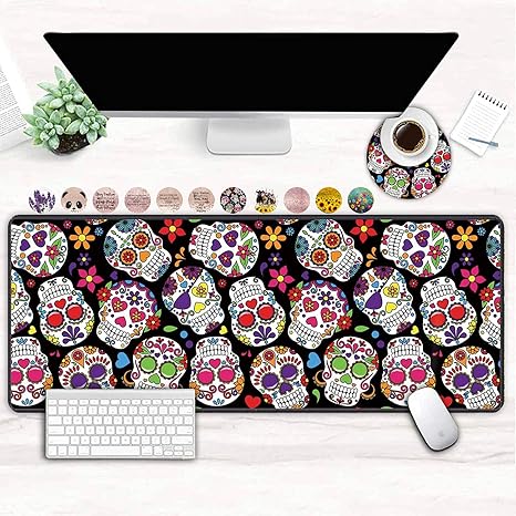 XXL Large Gaming Mouse Pad, Extended Ergonomic for Computers Thick Keyboard Mouse Mat Non-Slip Rubber Base Mousepad with Cup Coaster，Day of The Dead Colorful Vintage Sugar Skull - sugar skull coasters set