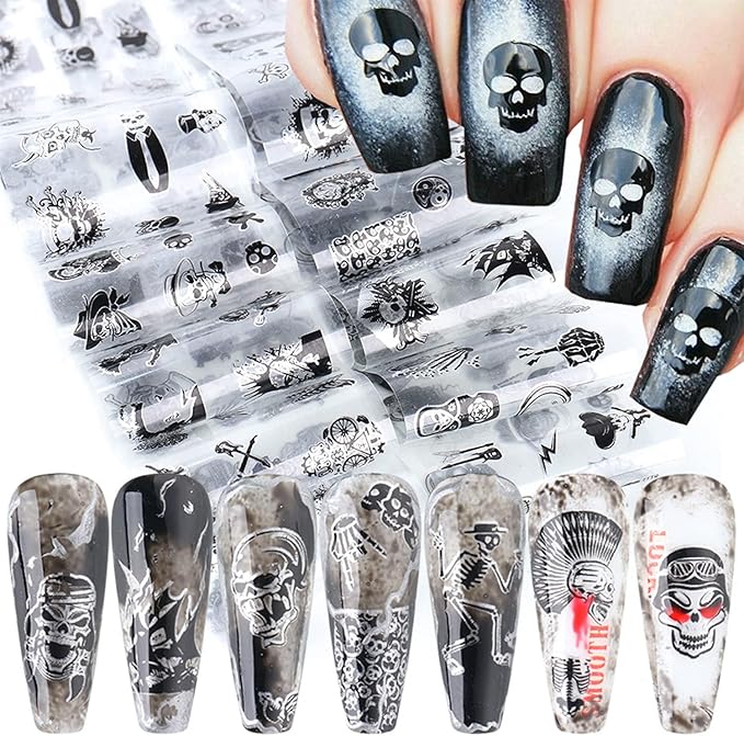 10 Sheets Halloween Punk Skull Nail Foil Transfer Stickers Decals Nail Art Foils Skeleton Skull Pirate Holographic Nail Art Film Design for Women Gel Polish Nails DIY Manicure Nail Design Decor - sugar skull nail art