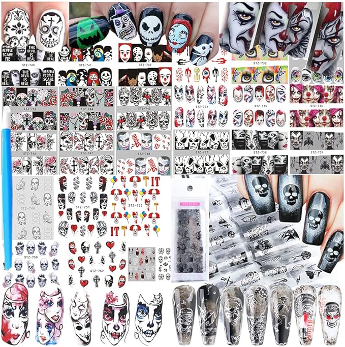 25 Sheets Halloween Water Transfer Nail Stickers Nail Art Decals,10 Sheets Punk Skull Nails Foil Transfer Stickers,Grimace Skull Eye Spider DIY Decals for Halloween Party(35 Pcs) - sugar skull nail art