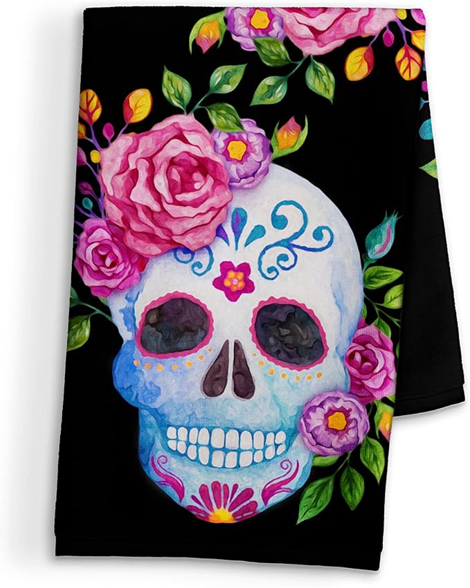 Day of the Dead Hand Towel - Sugar Skull Print - Kitchen Towel - Bathroom Hand Towel - Cotton Terry Cloth - 15"x25" - sugar skull beach towel