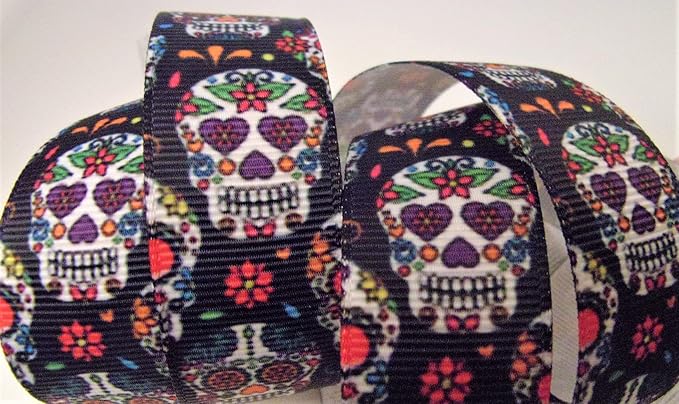 Grosgrain Ribbon - Sugar Skulls Print 7/8" Wide - 5 Yards Use for Hair Bows, Decorating, Crafting and All Sewing Projects - sugar skull christmas decorations