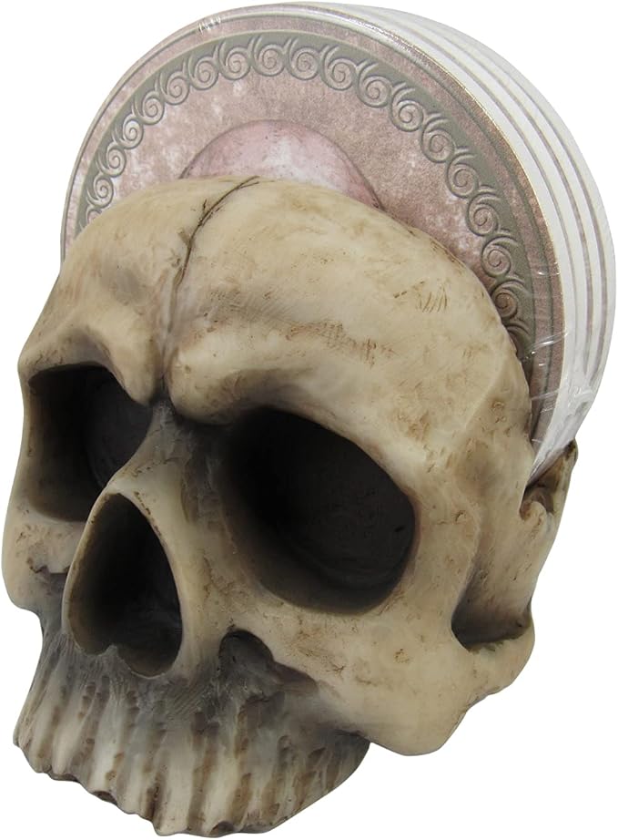 DWK Decorative Skull Holder with Drink Absorbent Coasters | 4 Piece Coasters for Drinks Absorbent with Holder Set | Goth Kitchen Accessories and Skull Bar Decor - 5"… - sugar skull coasters set