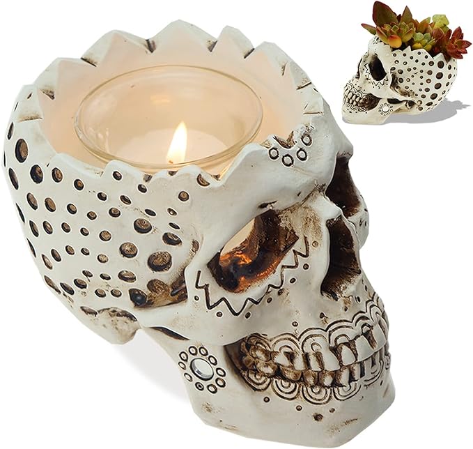 Skull Candle Holder Planter Gothic Halloween Decor Day Dead Skull Gift Goth Home Accessory-5.9” with Votive Tealight - sugar skull figurine collectible