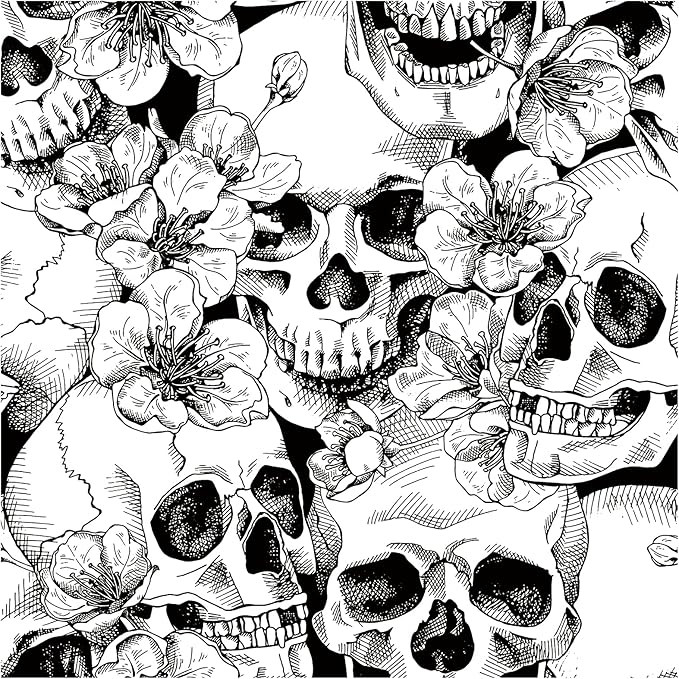 HAOKHOME Gothic Peel and Stick Wallpaper Sugar Skull Floral for Bedroom Black/White Removable Accent Wall Decorations 17.7in x 9.8ft - sugar skull vinyl sticker