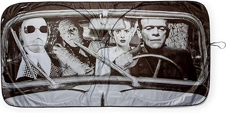 Universal Monsters Classic Horror Movie Sunshade for Windshield | Foldable Sun Visor Protector for Cars, Trucks, SUVs | Blocks UV Rays and Sun Glare | 64 x 32 Inches - sugar skull car sunshade for windshield