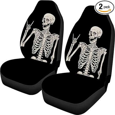 ELEQIN Cool Bone Skeleton Funny Design Car Front Seat Covers Universal fit Breathable Bucket Seat Cover Protection Cars SUV Truck, Black 2Pcs/Set - sugar skull car pet seat cover
