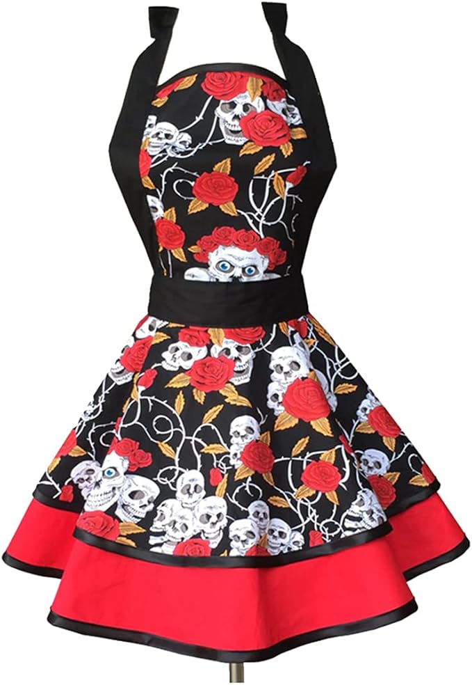 Hyzrz Halloween Costume Skull Skeleton Bones Featured Retro Aprons for Women Girls Cake Kitchen Cook Apron (Skull head) - sugar skull apron for women